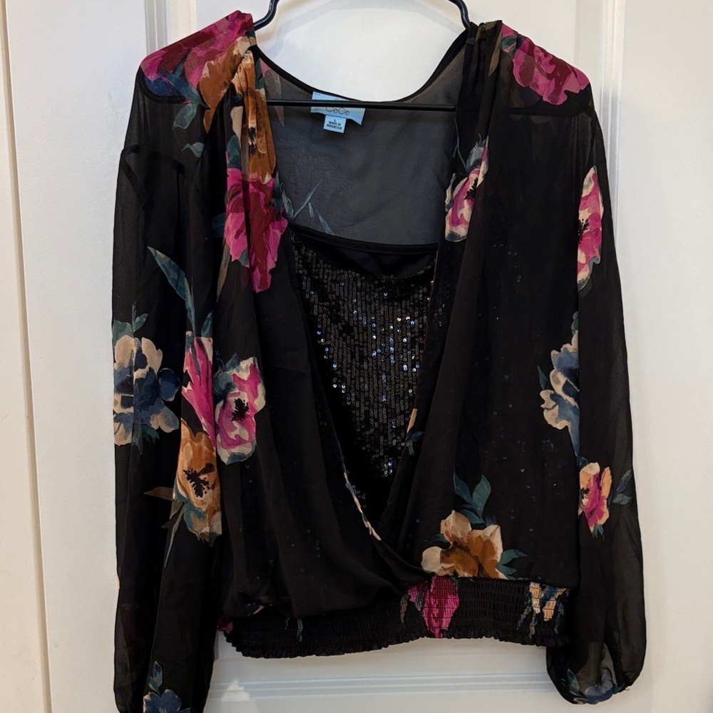 CeCe Black Floral Sequin Blouse - Picture 3 of 5